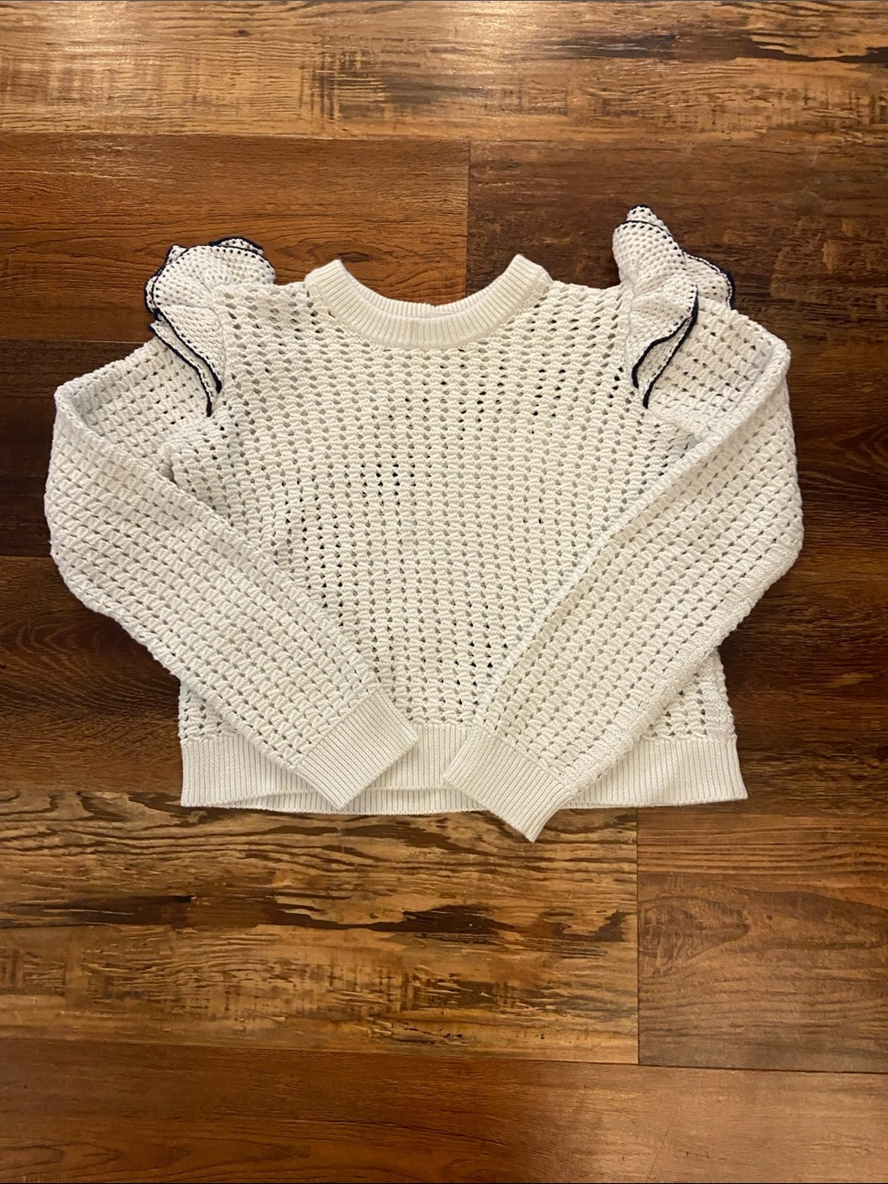 GAP Cream Openwork Knit Sweater with Ruffle Shoulders